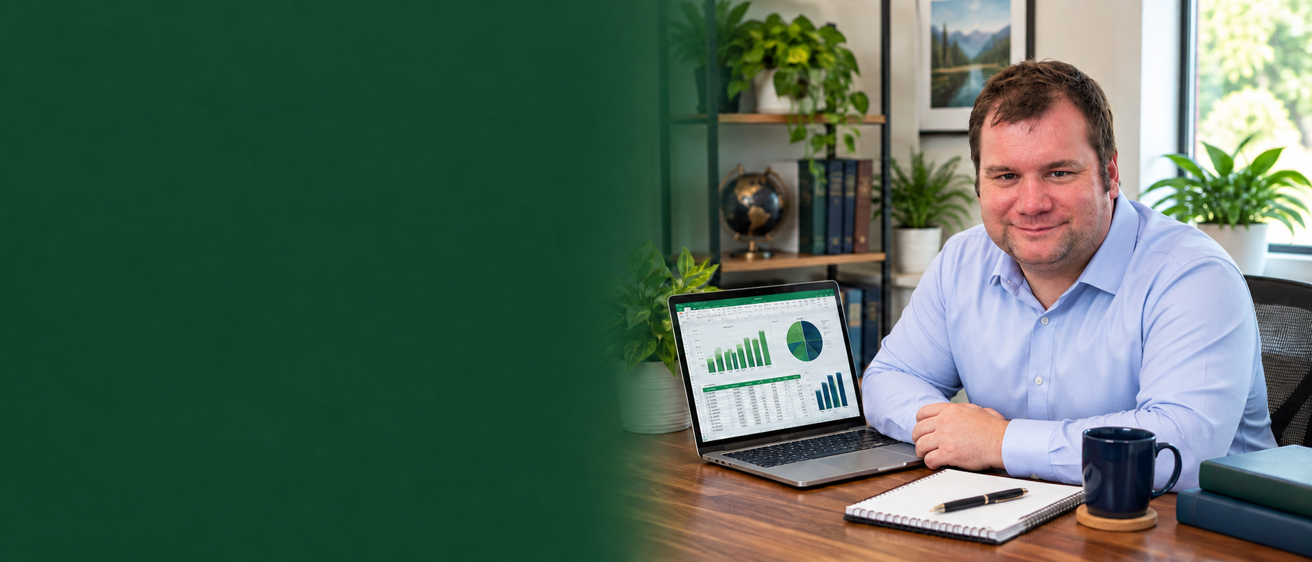 About page hero artwork Laptop showing finance dashboards beside a plant on a dark green background