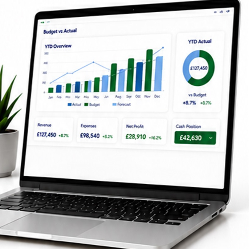 Laptop displaying a Budget vs Actual dashboard