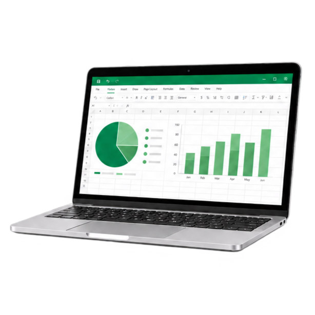 Laptop displaying an Excel dashboard with green charts