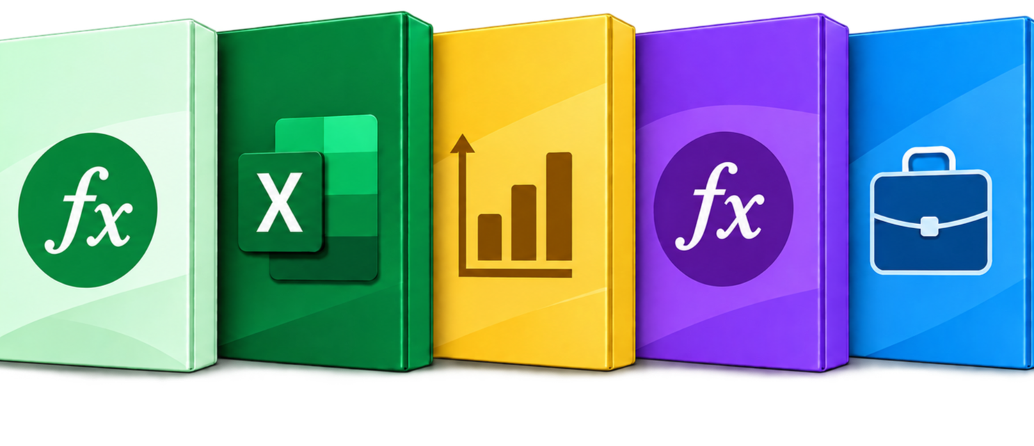 Complete Excel Course Bundle artwork Five coloured Excel course boxes representing the complete course bundle