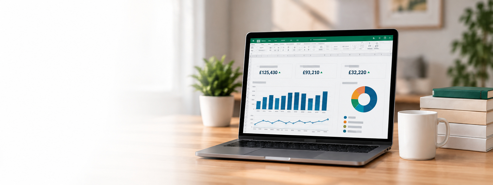Laptop showing a finance dashboard on a desk with a mug and books