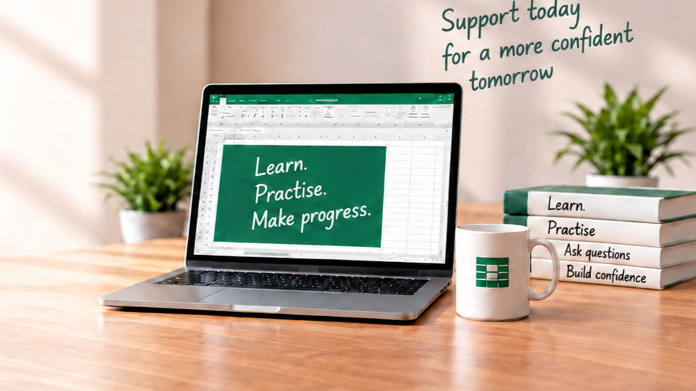 Laptop with Excel practice workbook, mug and books