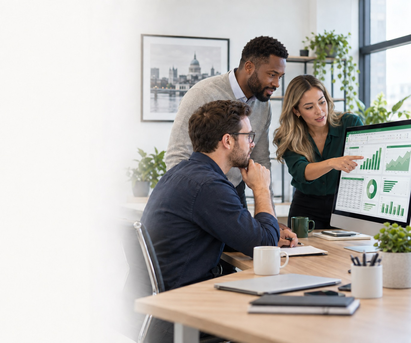 Business team reviewing an Excel dashboard together