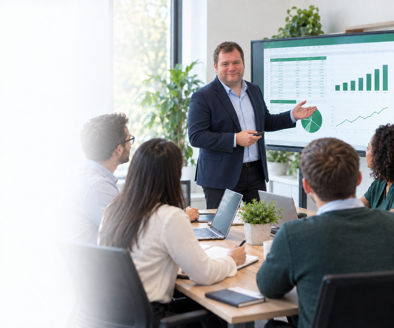 Business team reviewing an Excel dashboard together