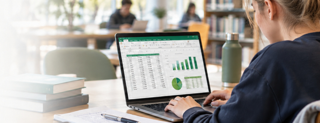 Blonde student using Excel on a laptop in a bright library